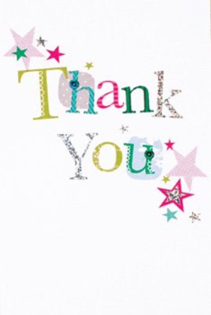 There's an understated sophistication to this thank you card, its design echoing the creative pulse of Leamouth's bustling art studios. Each letter is arranged with subtle exuberance: whimsical curves, playful spots, and hints of stitched detail lend a musical quality to the message, as though gratitude itself had been hand-painted onto crisp white card. Stars abound-some striped in brilliant pink or washed with liquid turquoise, others glimmering with touches of silver like the glint from moored canal boats. Every element is set against a serene white background, capturing the freshness of early daybreak over the Leamouth skyline. The composition feels airy and inviting, equally at home beside a sculptor's canvas as a florist's arrangement. Its mood is warm and universal-a sense of gratitude that doesn't shout, yet leaves a lasting impression reminiscent of a smile exchanged at a Canning Town coffee shop. This is the sort of card to accompany any bouquet from Leamouth Florist, delivering thanks with the same gentle optimism that infuses local streets-a reassuring gesture that combines artistry, sincerity, and the enduring pleasure of a beautifully crafted floral gift.